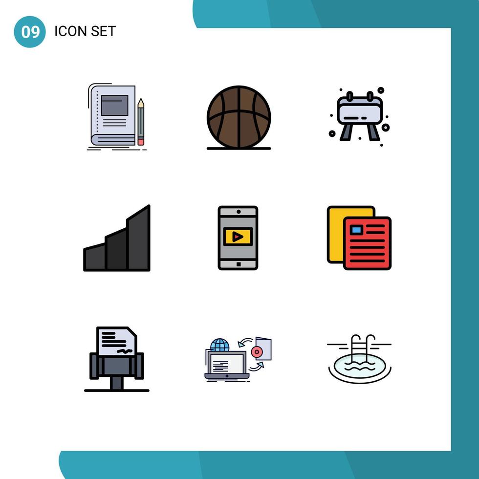 paquete de 9 signos y símbolos de colores planos de línea de relleno modernos para medios de impresión web, como bloques de oficinas, edificios, arquitectura de juegos, notas, elementos de diseño de vectores editables