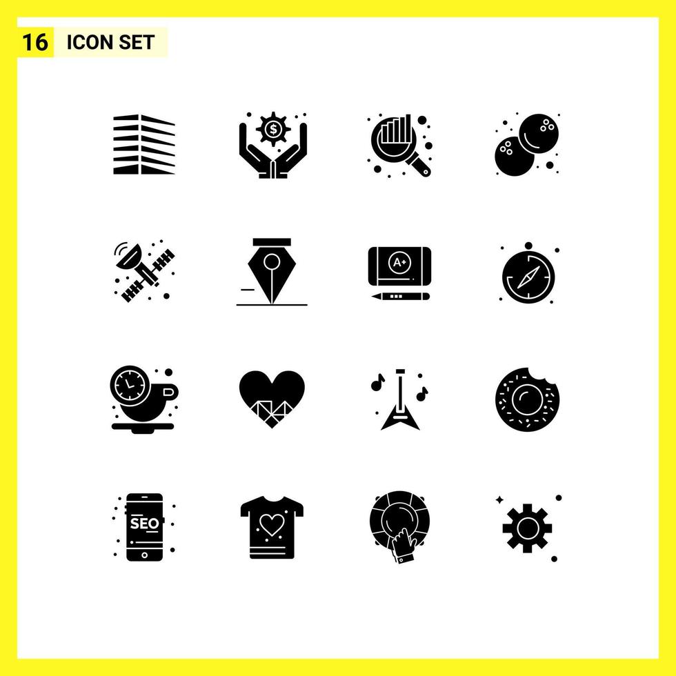 Pack of 16 creative Solid Glyphs of antenna radar communication audit fruits coconut Editable Vector Design Elements