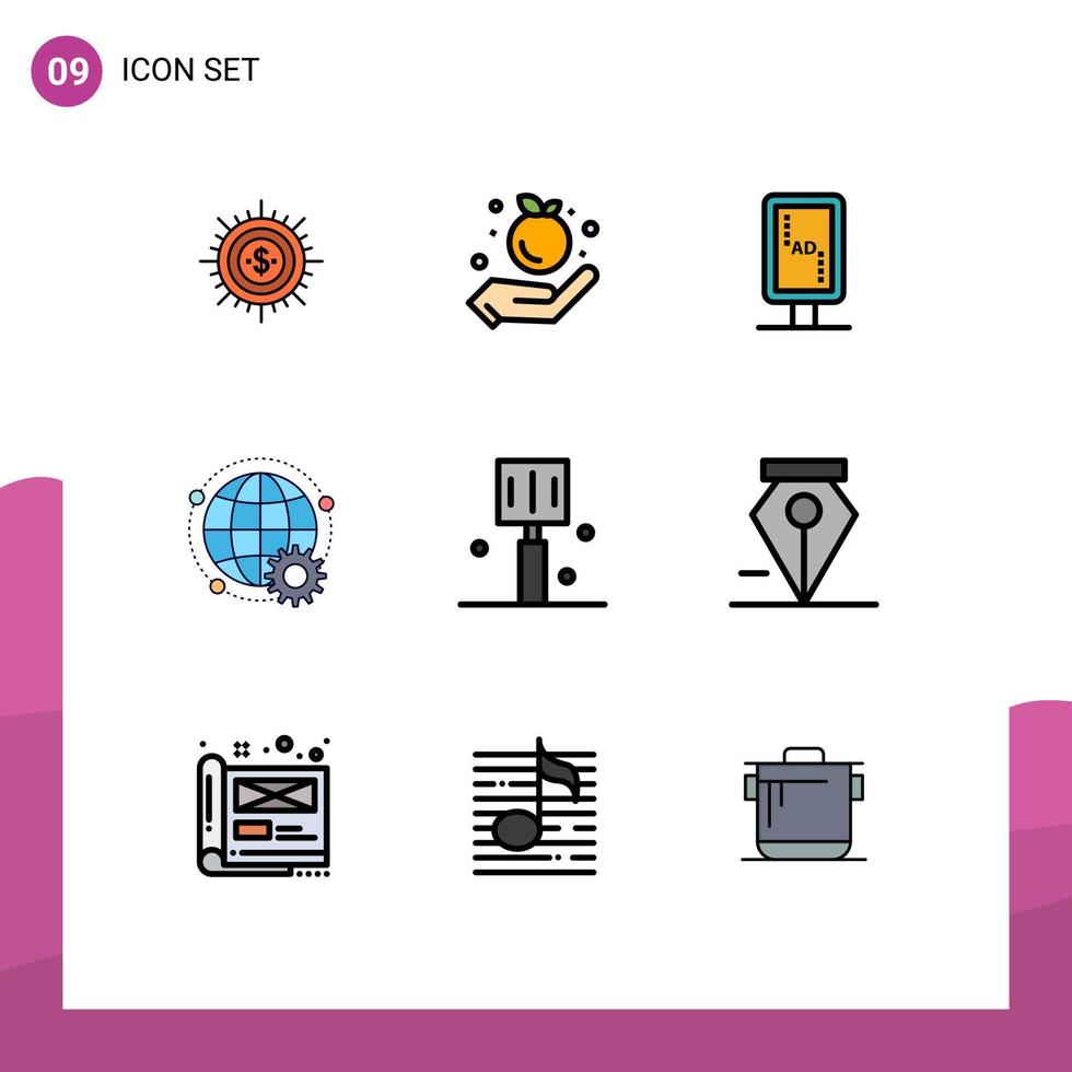 9 Thematic Vector Filledline Flat Colors and Editable Symbols of globe online food connected sign board Editable Vector Design Elements