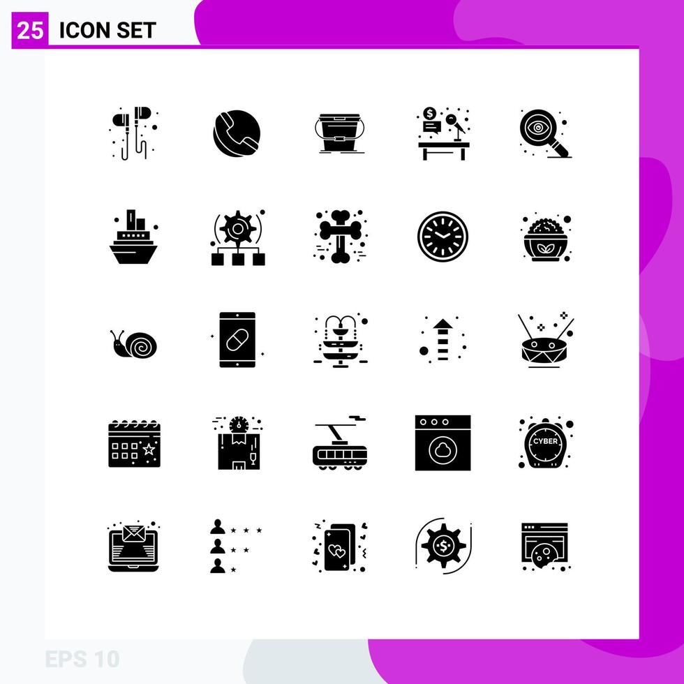 Group of 25 Modern Solid Glyphs Set for design hammer bucket desk microphone Editable Vector Design Elements