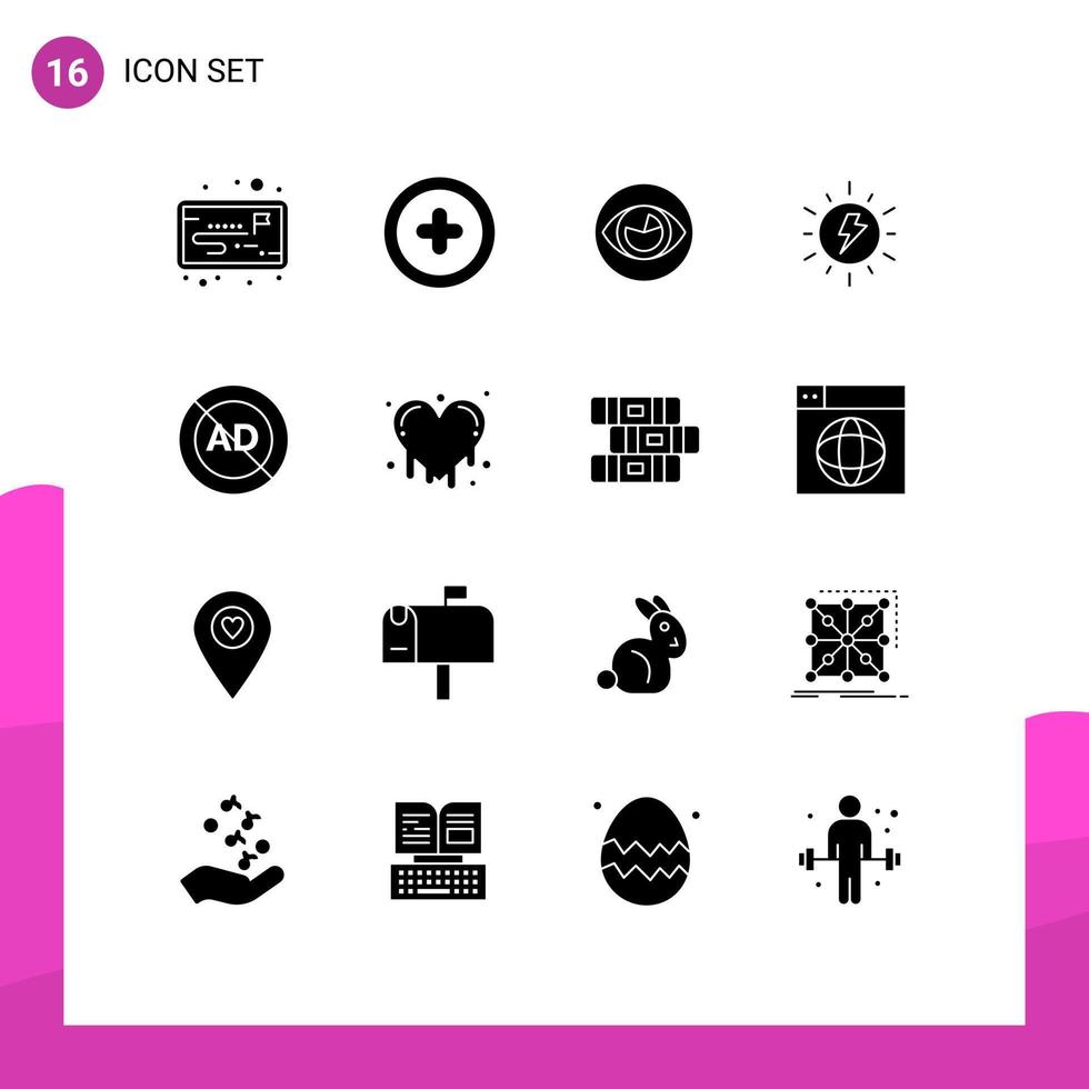 Universal Icon Symbols Group of 16 Modern Solid Glyphs of advertisement ad view charg solar Editable Vector Design Elements