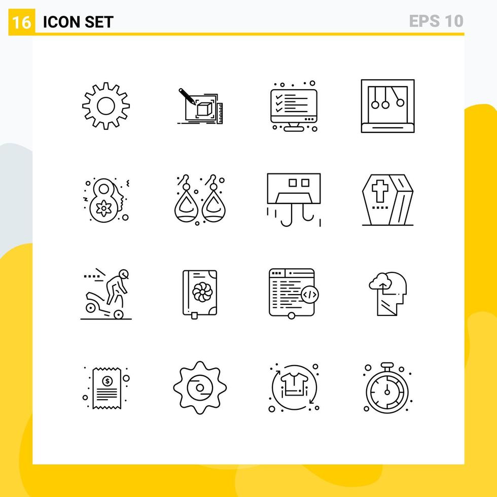 Stock Vector Icon Pack of 16 Line Signs and Symbols for female newton checklist cradle result Editable Vector Design Elements