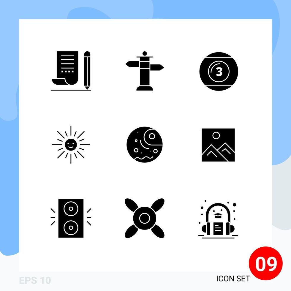 9 Thematic Vector Solid Glyphs and Editable Symbols of distant sun cue ball light snooker Editable Vector Design Elements