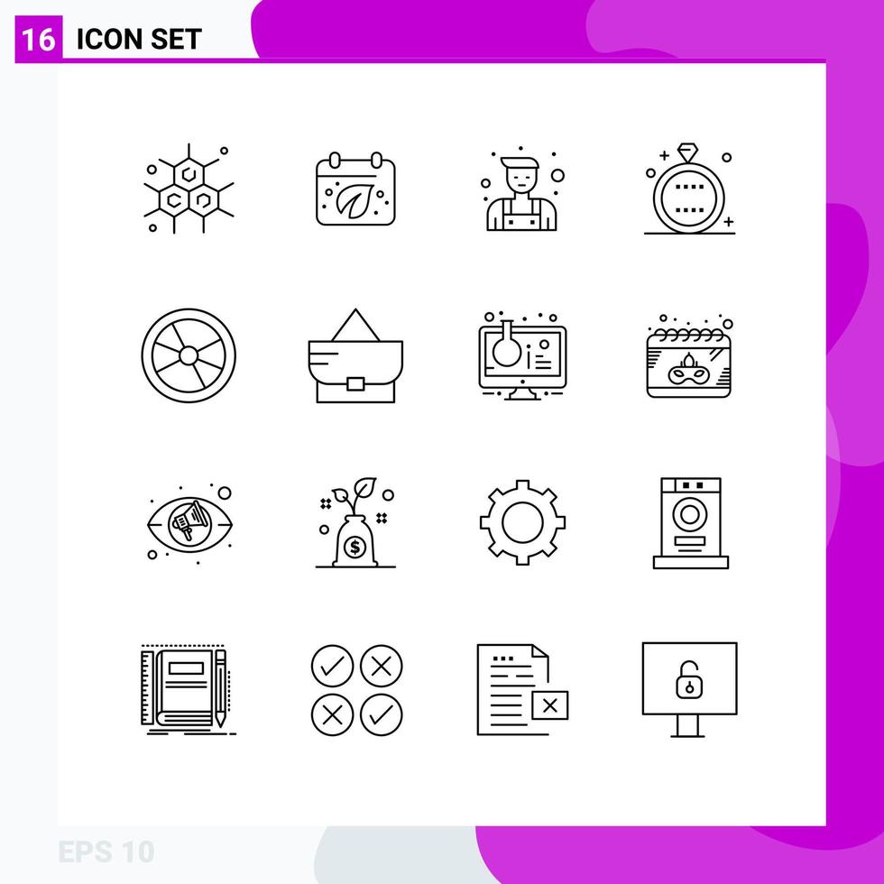 Modern Set of 16 Outlines and symbols such as danger biology locksmith wedding holiday Editable Vector Design Elements