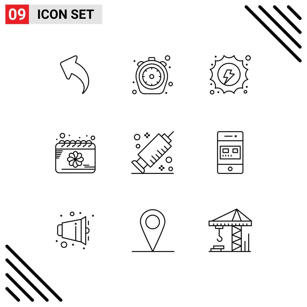 9 Thematic Vector Outlines and Editable Symbols of medicine flower timer date hydropower Editable Vector Design Elements
