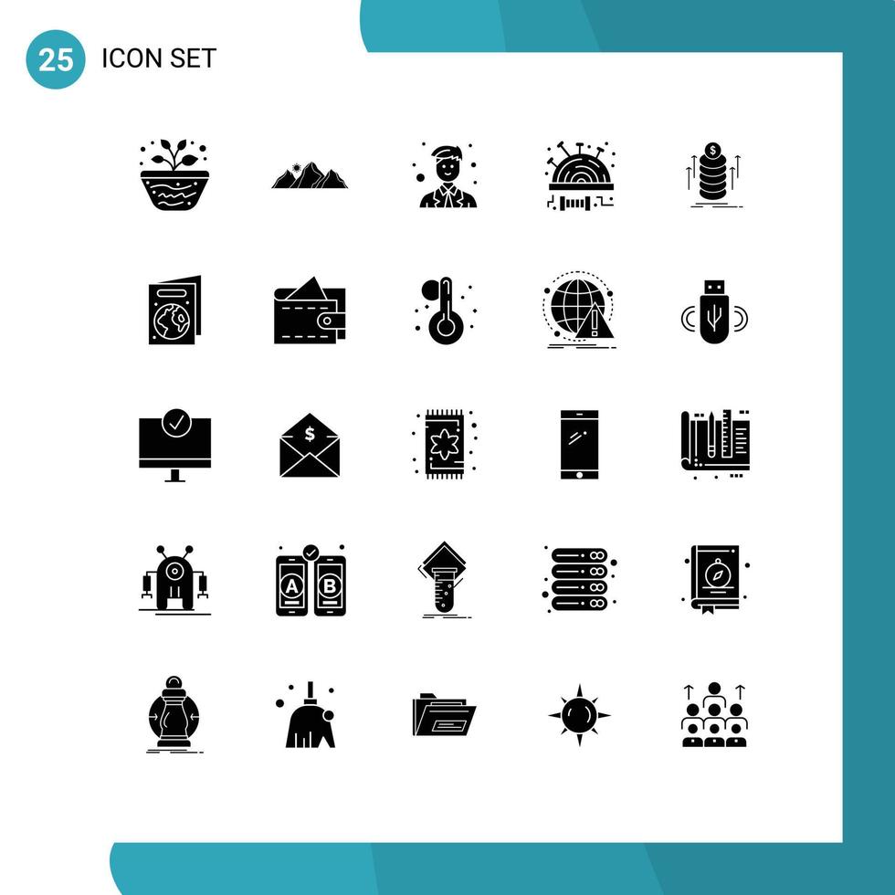 Modern Set of 25 Solid Glyphs Pictograph of stitch pincushion mountain modest site Editable Vector Design Elements