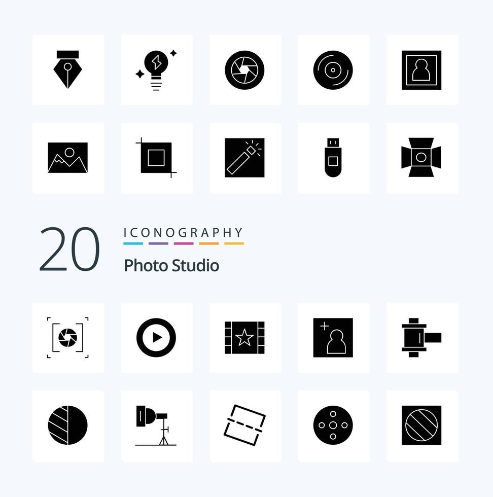 Paquete de iconos de 20 glifos sólidos de estudio fotográfico como cámara de imagen multimedia de película de carrete vector