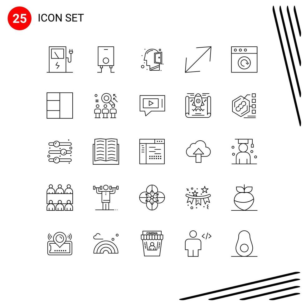 Pack of 25 Modern Lines Signs and Symbols for Web Print Media such as wireframe reload open mind mac scale Editable Vector Design Elements