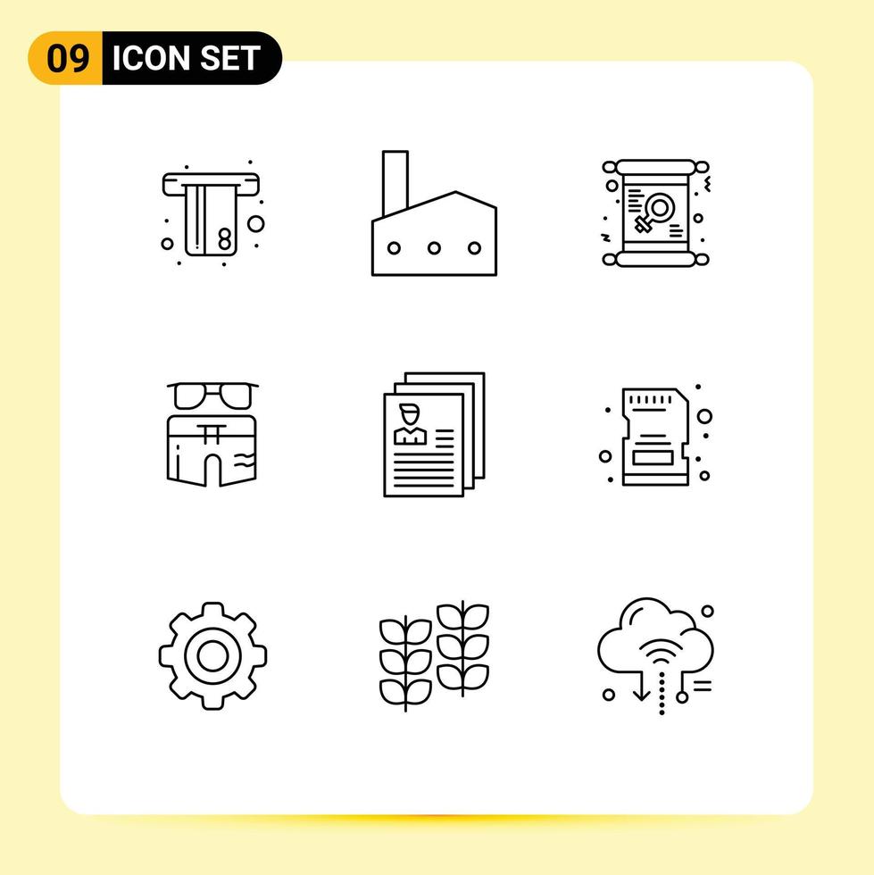 9 Universal Outlines Set for Web and Mobile Applications beach summer nuclear plant swimsuite invite Editable Vector Design Elements