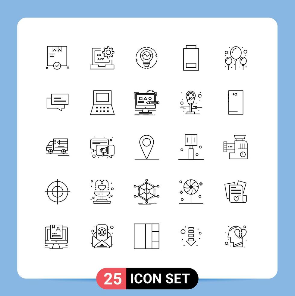 Group of 25 Modern Lines Set for low battery bulb lightbulb innovation Editable Vector Design Elements