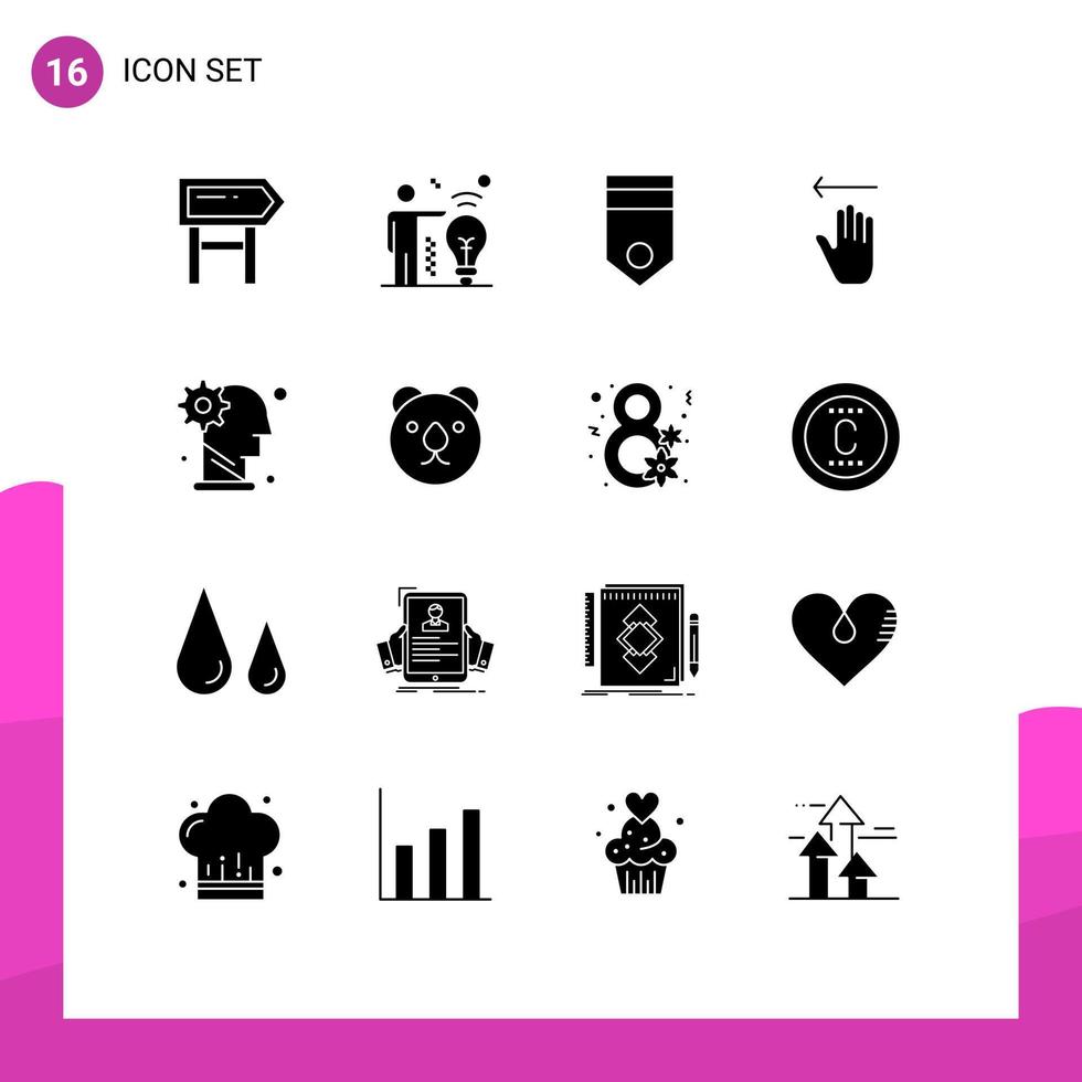 16 User Interface Solid Glyph Pack of modern Signs and Symbols of gear left badge gestures hand Editable Vector Design Elements