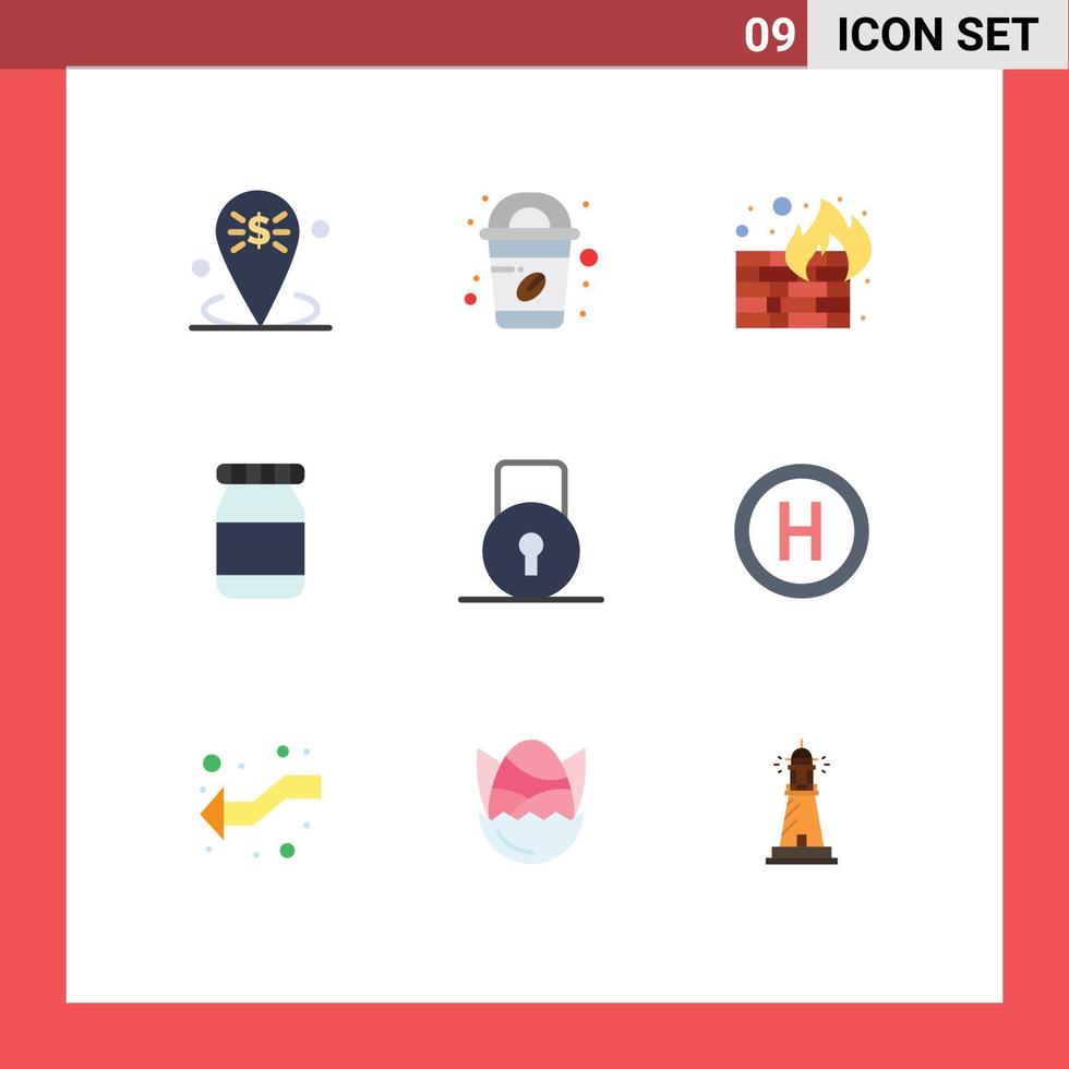 Group of 9 Modern Flat Colors Set for security lock pad fire key bottle Editable Vector Design Elements