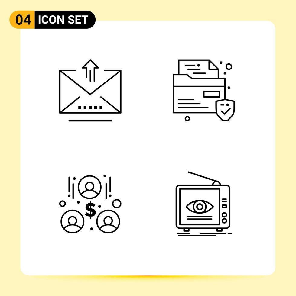 Set of 4 Modern UI Icons Symbols Signs for email team work upload security broadcast Editable Vector Design Elements