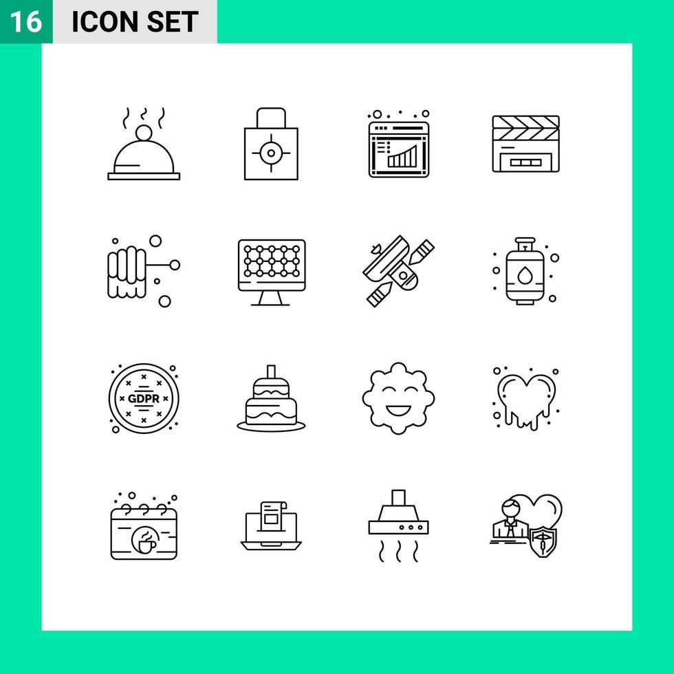 Universal Icon Symbols Group of 16 Modern Outlines of honey film flap board clapperboard clapboard Editable Vector Design Elements