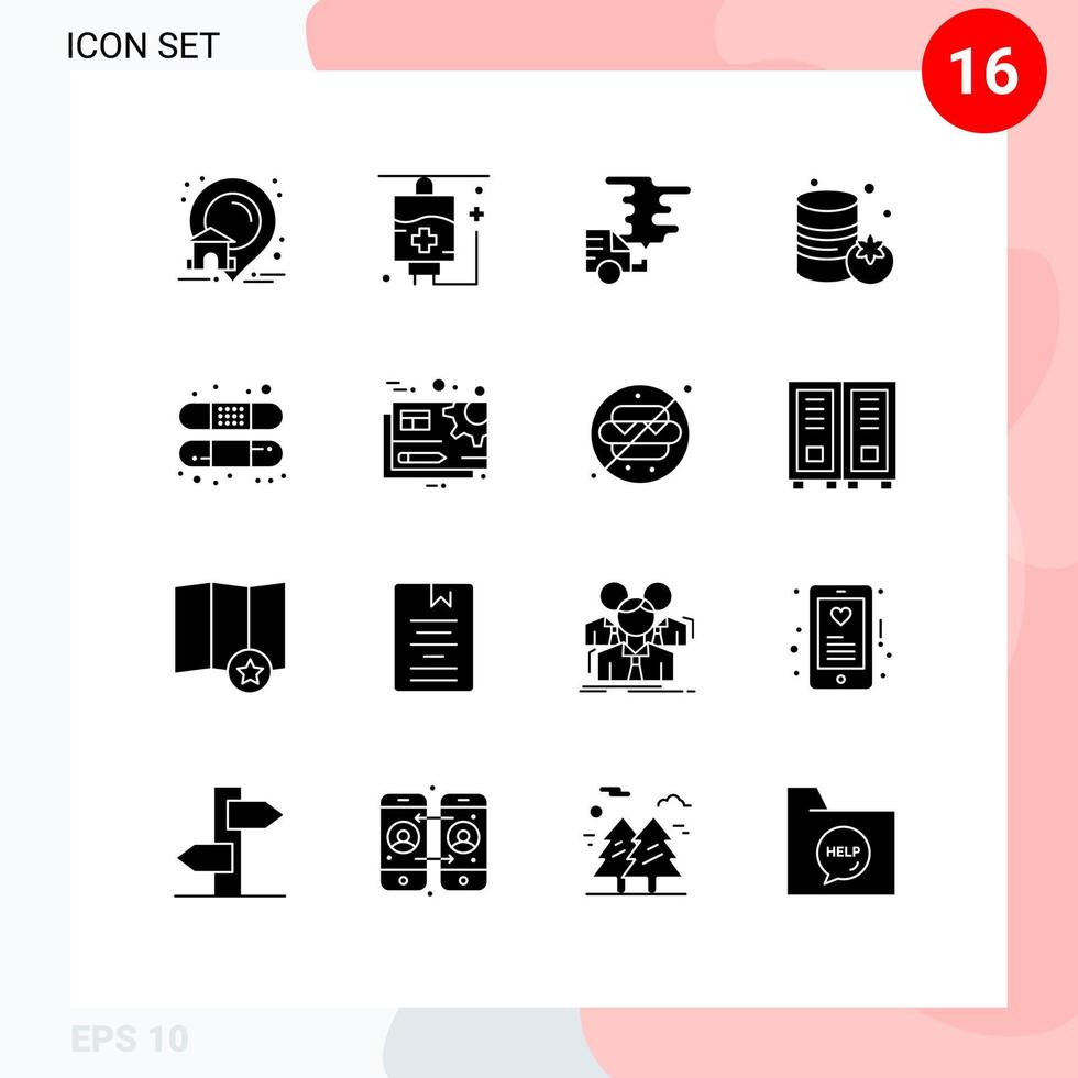 Group of 16 Solid Glyphs Signs and Symbols for bandage aid car vegetable canned Editable Vector Design Elements