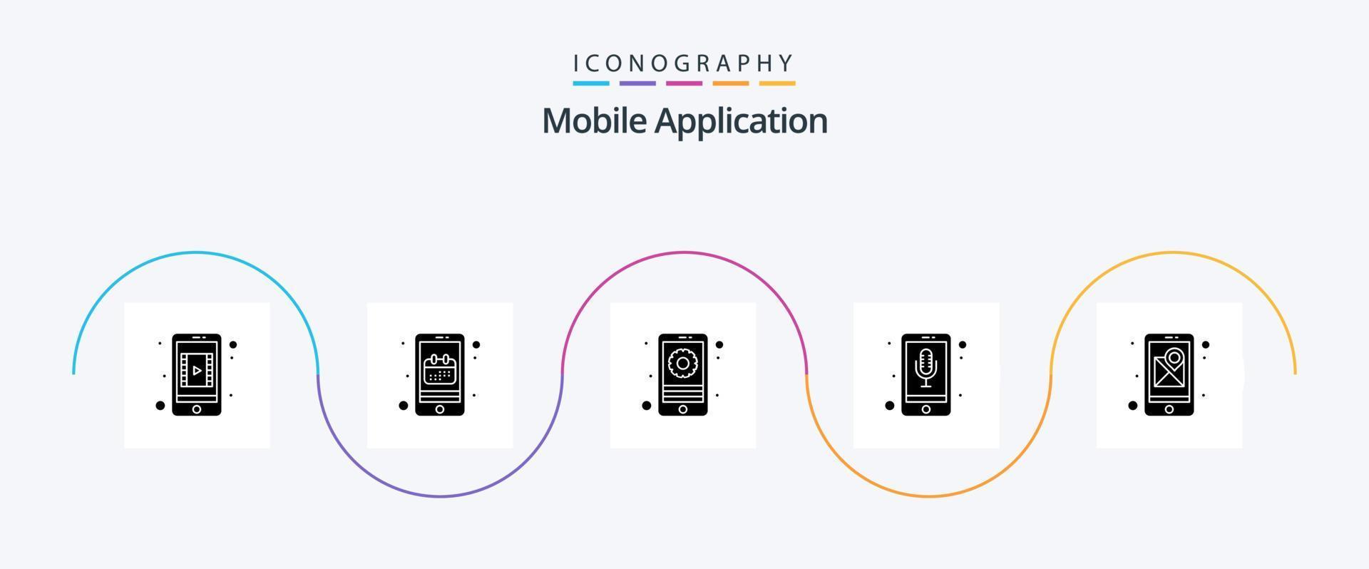 Mobile Application Glyph 5 Icon Pack Including gps. gear. phone recorder. audio recognition vector