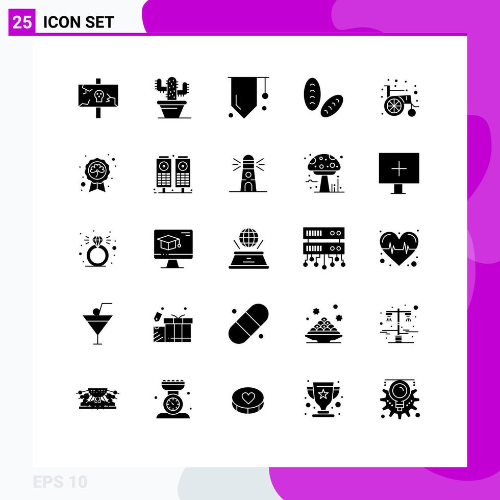 Universal Icon Symbols Group of 25 Modern Solid Glyphs of wheel chair medical badge food baguette Editable Vector Design Elements