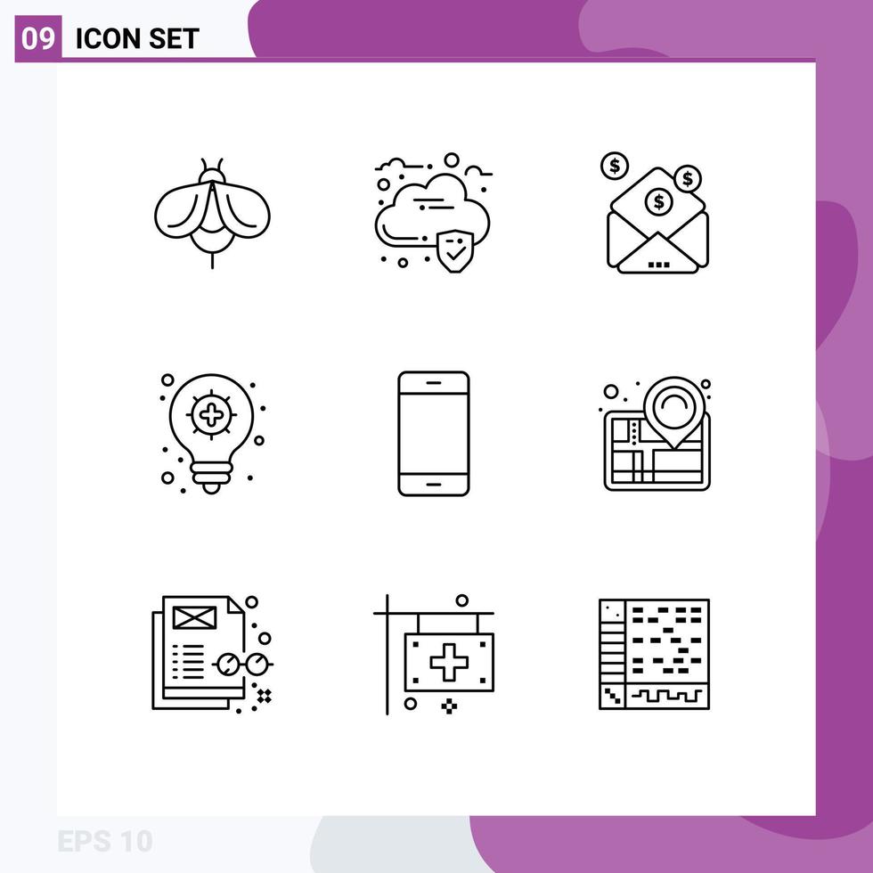 Pictogram Set of 9 Simple Outlines of hardware devices investment computers light bulb Editable Vector Design Elements