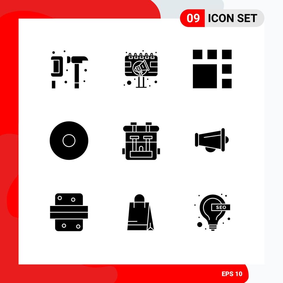 Set of 9 Modern UI Icons Symbols Signs for bag record billboard multimedia image Editable Vector Design Elements