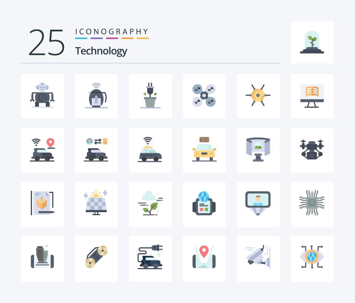 Technology 25 Flat Color icon pack including computer. network. plant. decentralized. quad copter vector