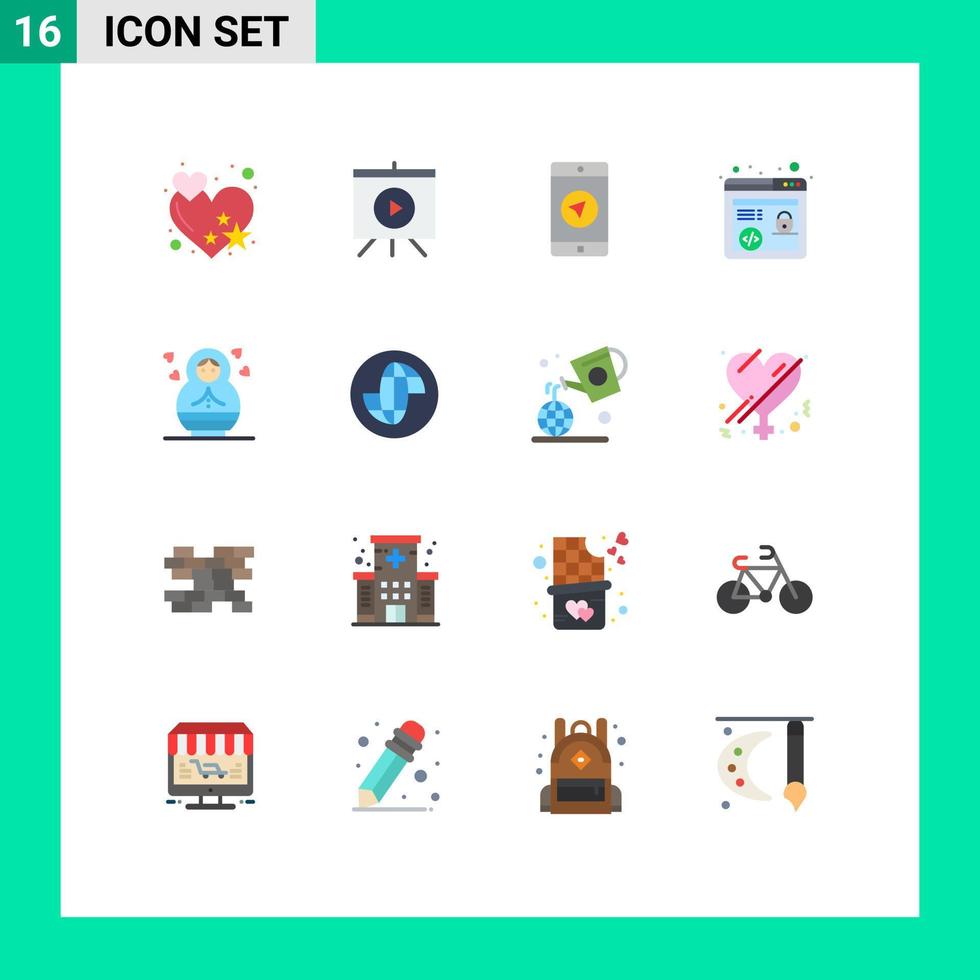 paquete de 16 colores planos creativos de aplicaciones móviles globales para niños navegador infantil seo paquete editable de elementos de diseño de vectores creativos