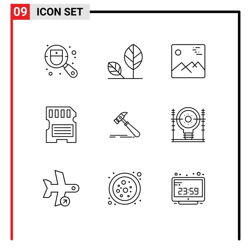 Universal Icon Symbols Group of 9 Modern Outlines of hammer memory nature hardware canada Editable Vector Design Elements