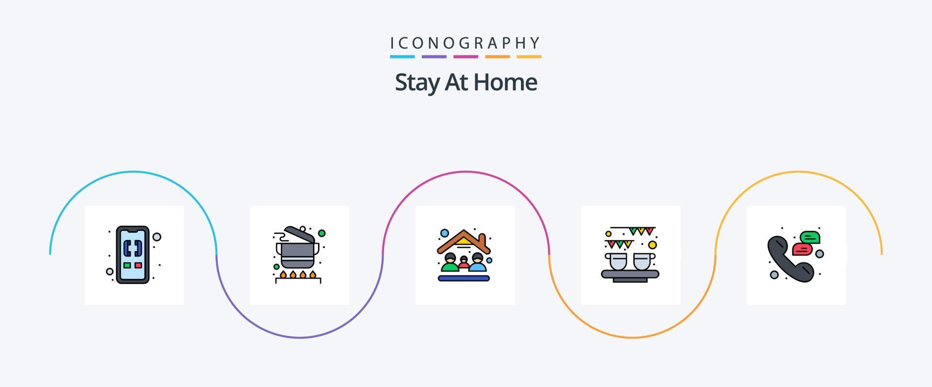 estancia en casa paquete de iconos de 5 planos llenos de línea, incluida la línea. té. gente. dulce. postre vector