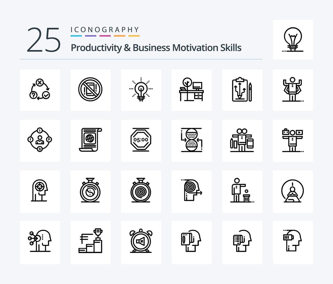 Productivity And Business Motivation Skills 25 Line icon pack including office. comfort. off. inspirating. idea vector