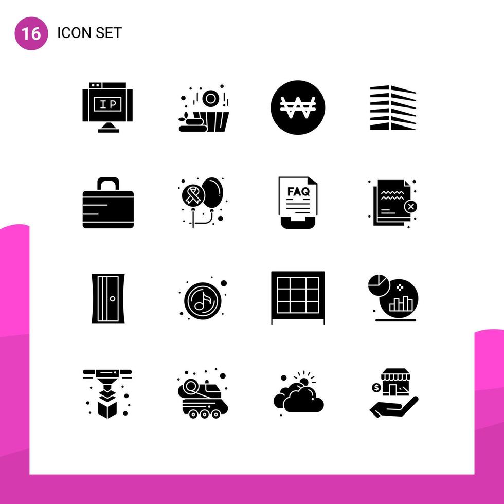 16 Universal Solid Glyphs Set for Web and Mobile Applications suitcase bag currency estate office Editable Vector Design Elements