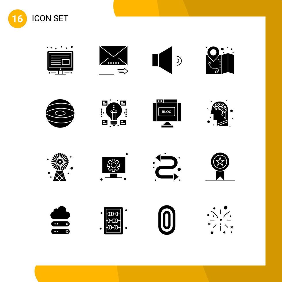 User Interface Pack of 16 Basic Solid Glyphs of ideas space speaker planet map Editable Vector Design Elements