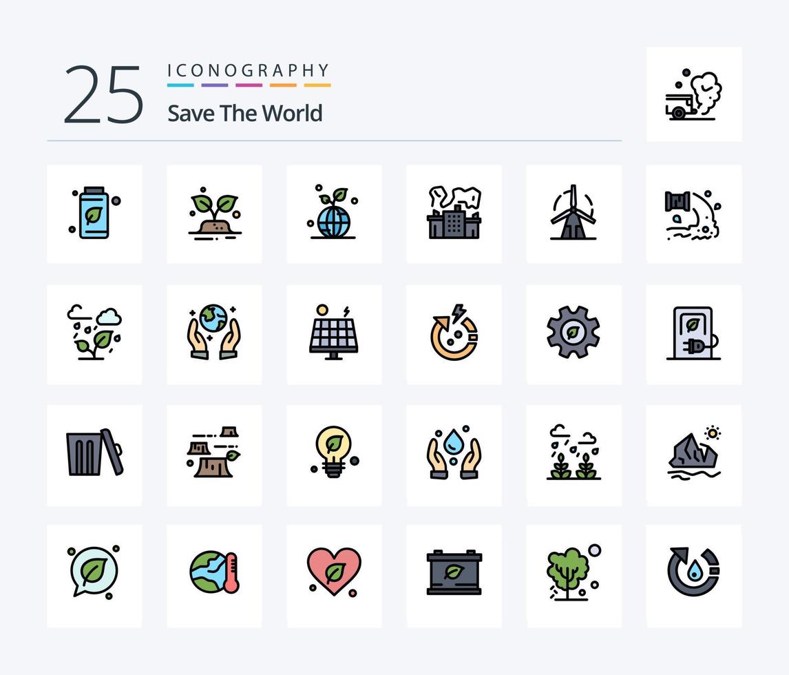 Save The World 25 Line Filled icon pack including clean. nuclear. earth. industry. world vector