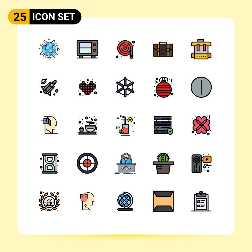 25 Thematic Vector Filled line Flat Colors and Editable Symbols of education office fire hose travel backpack Editable Vector Design Elements