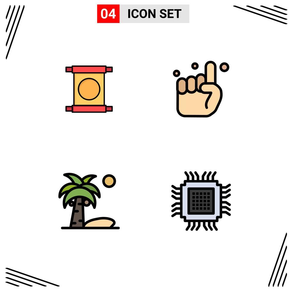 Set of 4 Vector Filledline Flat Colors on Grid for scroll coconut chinese one summer Editable Vector Design Elements