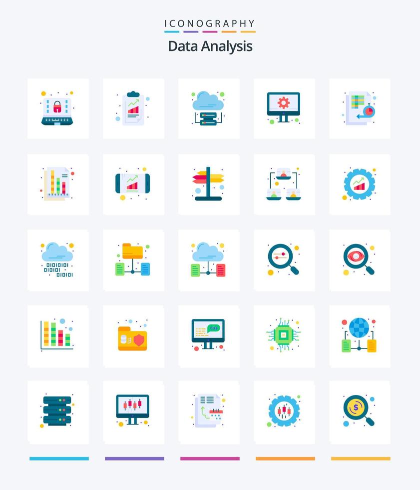 análisis de datos creativos 25 paquete de iconos planos como diagrama de flujo. entorno. analítica. administración. desarrollar vector