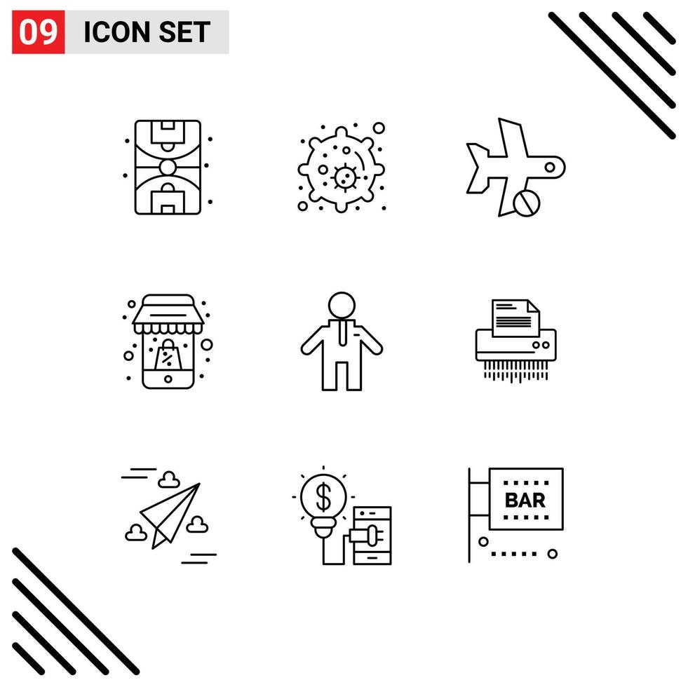 9 User Interface Outline Pack of modern Signs and Symbols of shredder man plane mobile online Editable Vector Design Elements