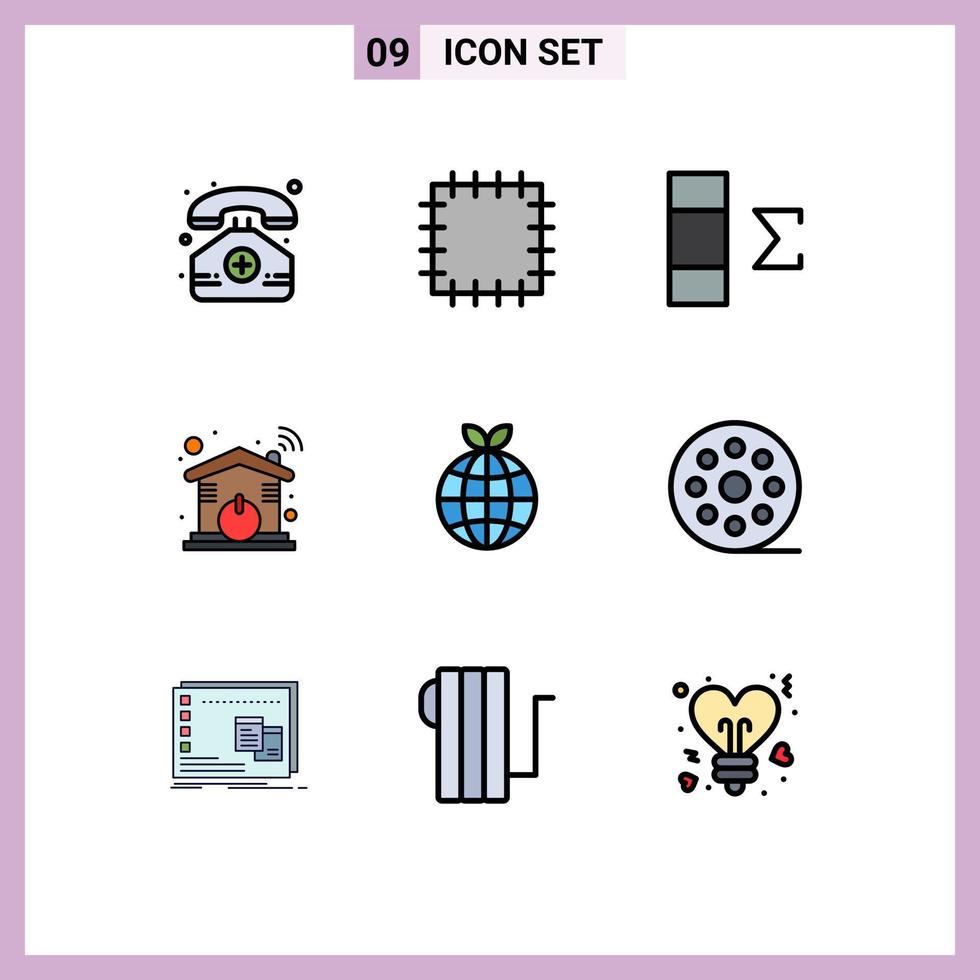 Group of 9 Filledline Flat Colors Signs and Symbols for movie cinema automation globe earth Editable Vector Design Elements