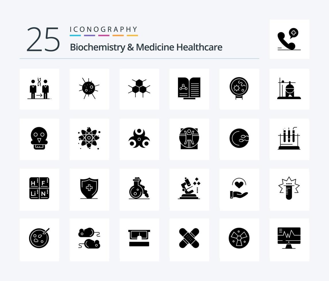 bioquímica y medicina cuidado de la salud 25 paquete de iconos de glifos sólidos que incluye virus. libro. molecular. informe. médico vector