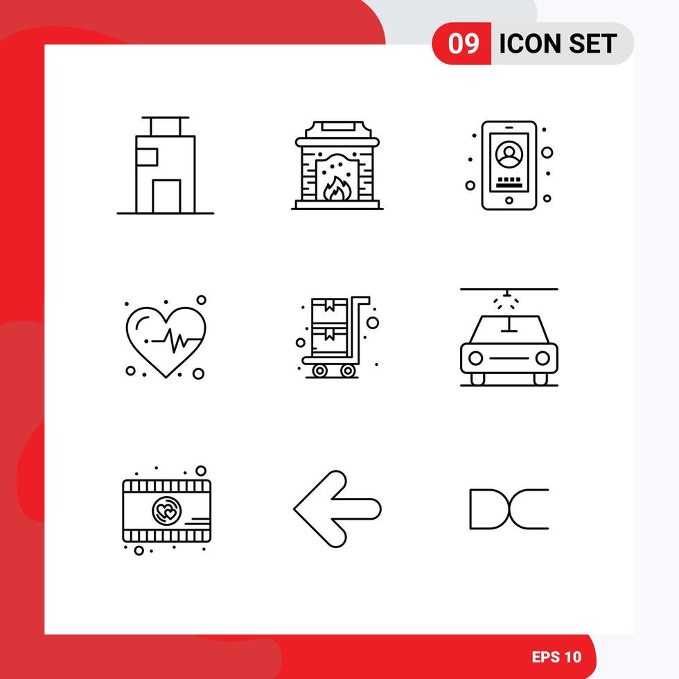 Group of 9 Outlines Signs and Symbols for shopping trolley shopping business heartbeat medical Editable Vector Design Elements