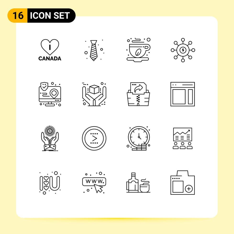 conjunto de 16 iconos de interfaz de usuario modernos símbolos signos para acción sembrar taza de café conexión dólar elementos de diseño vectorial editables vector