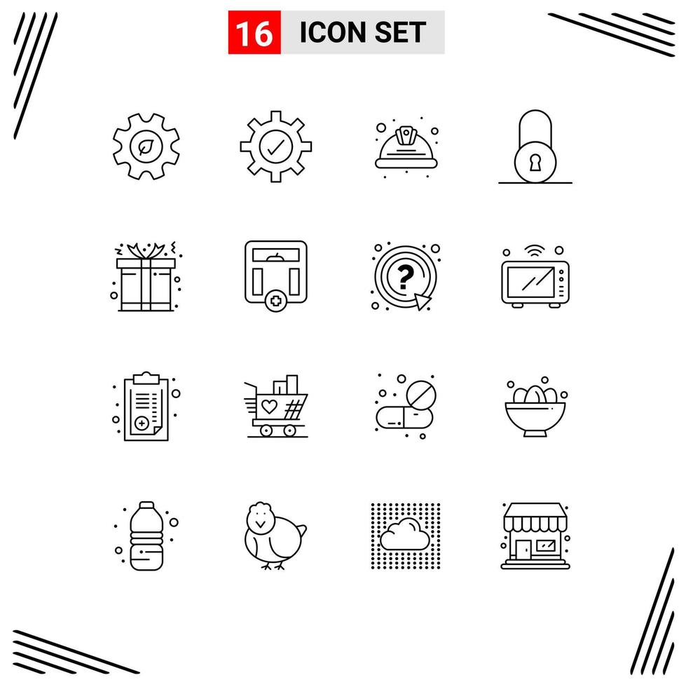 16 Outline concept for Websites Mobile and Apps gift box helmet padlock lock Editable Vector Design Elements
