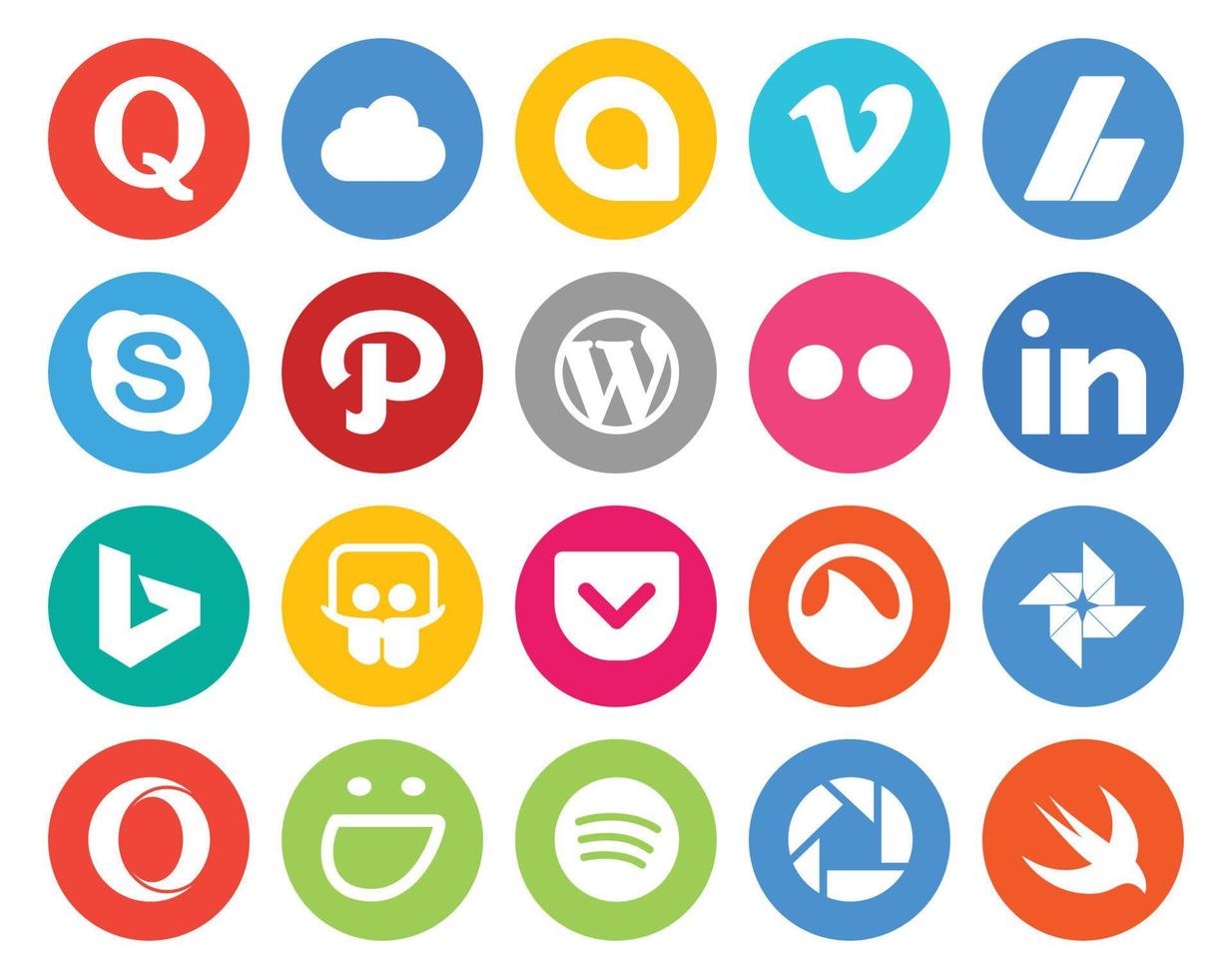 paquete de 20 íconos de redes sociales que incluye bolsillo bing skype linkedin cms vector