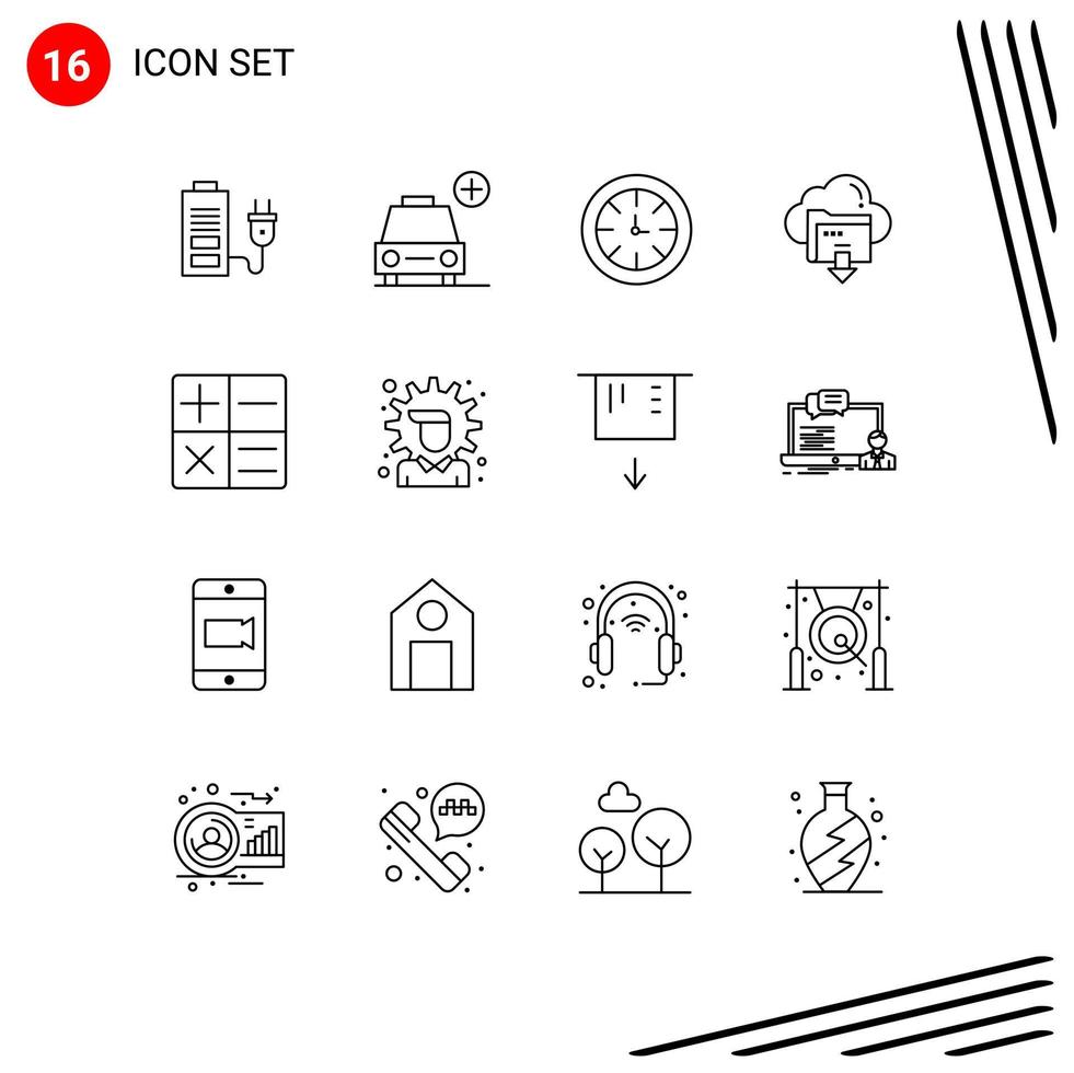 Mobile Interface Outline Set of 16 Pictograms of calculator cloud watch down download Editable Vector Design Elements