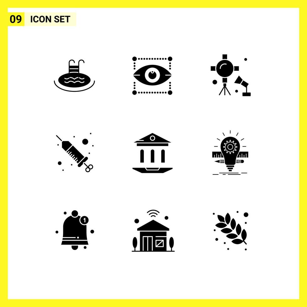 Mobile Interface Solid Glyph Set of 9 Pictograms of internet procedure illumination injection studio lights Editable Vector Design Elements