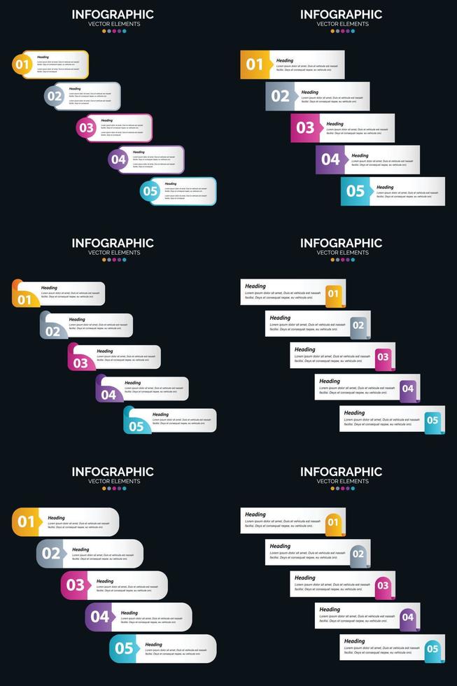 plantilla de diapositiva de presentación del paquete de infografías vectoriales 6 diagramas de ciclo de 5 pasos y líneas de tiempo vector