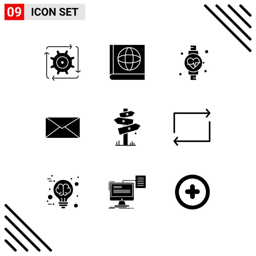 Group of 9 Modern Solid Glyphs Set for sign board watch direction user Editable Vector Design Elements