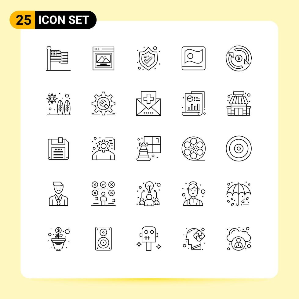 User Interface Pack of 25 Basic Lines of market finance security circulation asian Editable Vector Design Elements