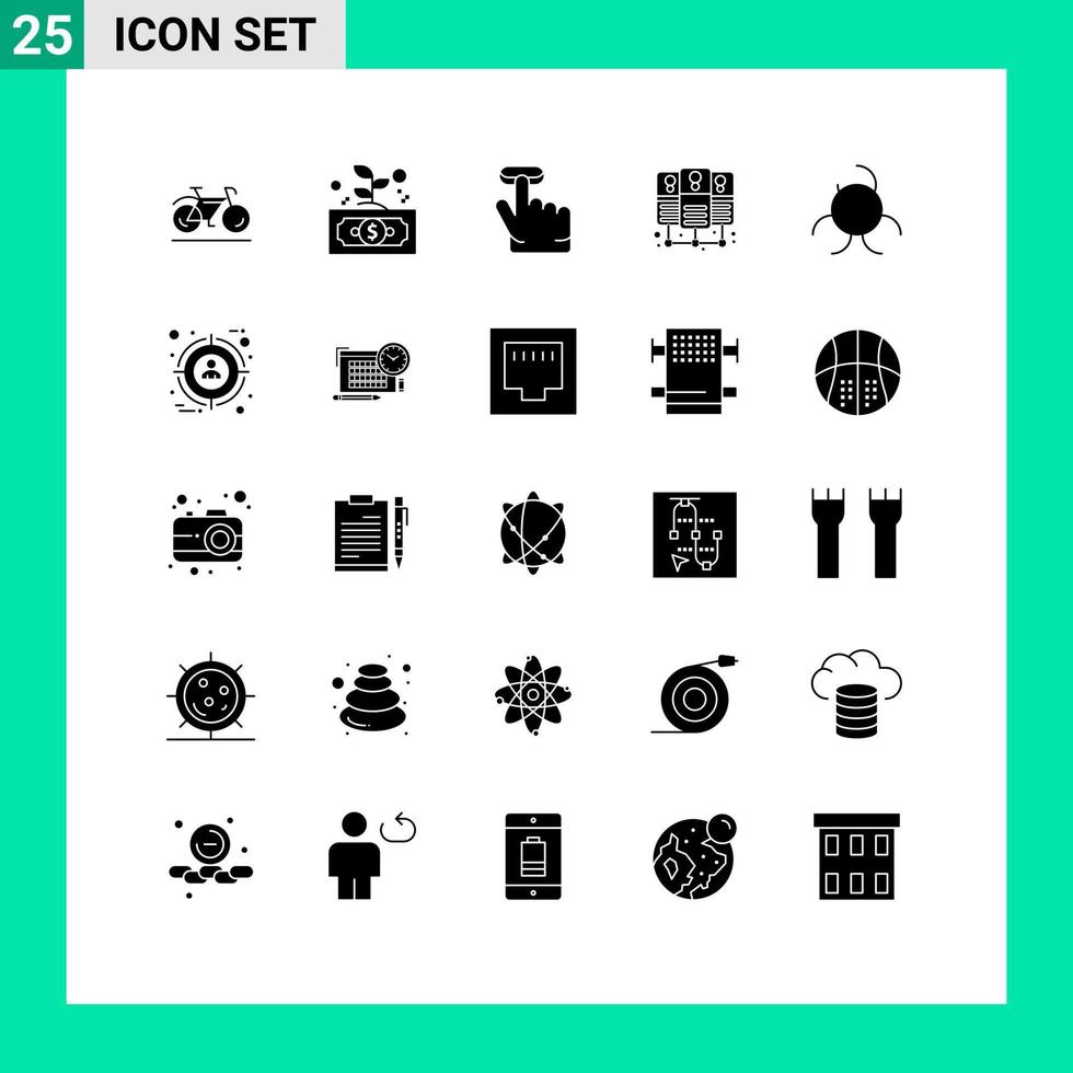 paquete de línea de vector editable de 25 glifos sólidos simples de enfoque biología dinero servidor de base de datos compartido elementos de diseño de vector editable