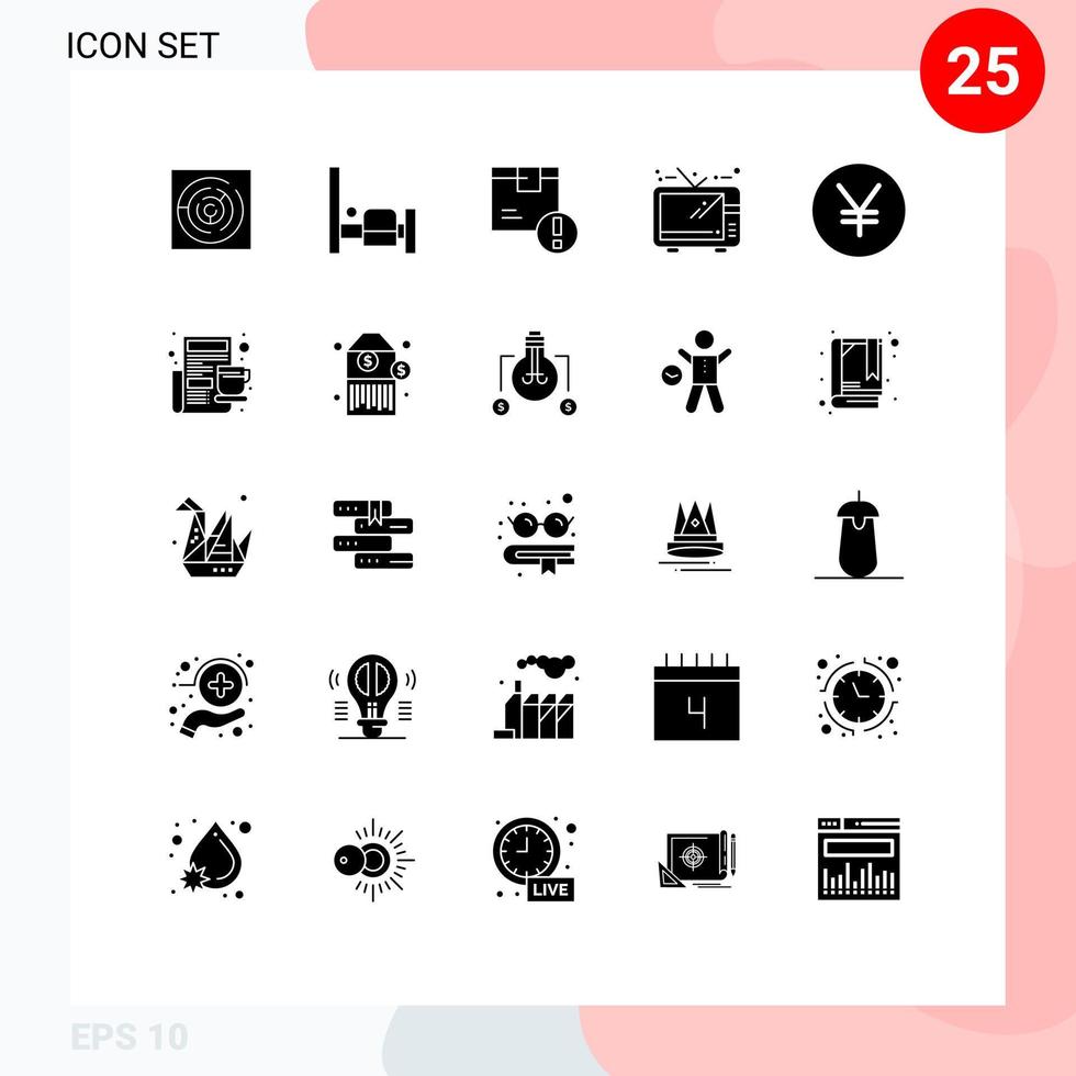 Editable Vector Line Pack of 25 Simple Solid Glyphs of yuan yen box tv entertainment Editable Vector Design Elements