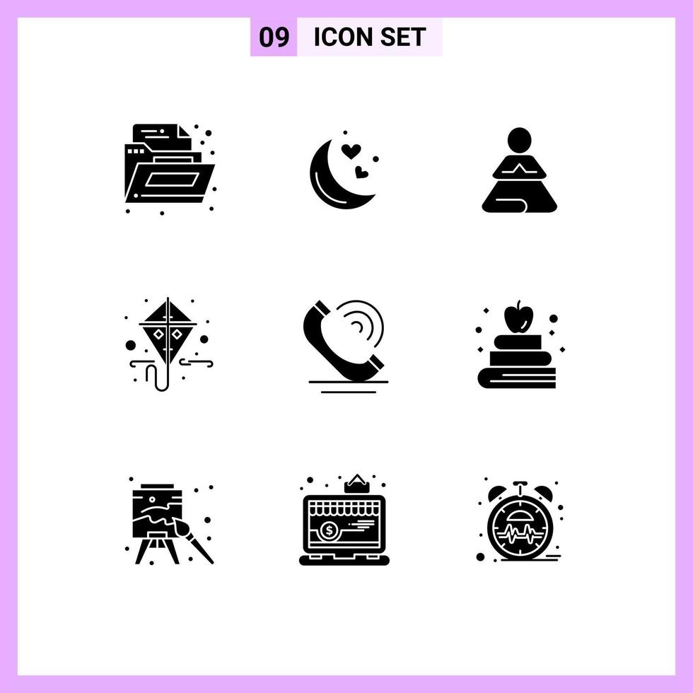 9 User Interface Solid Glyph Pack of modern Signs and Symbols of phone call meditation spring kite Editable Vector Design Elements