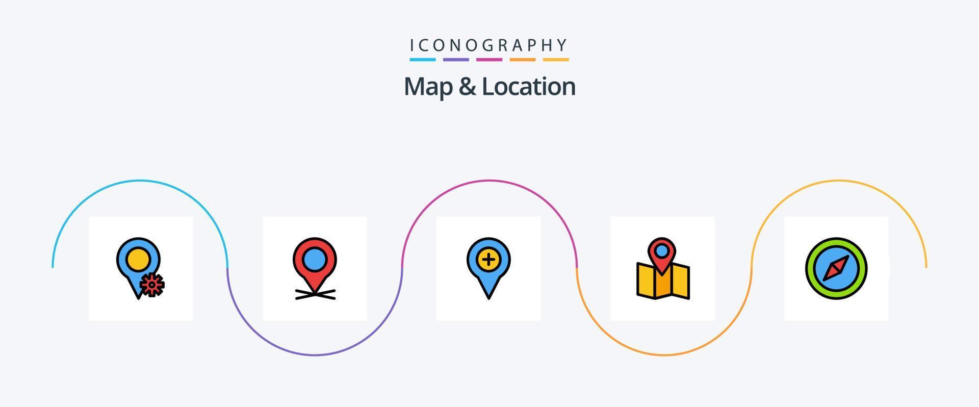 Map and Location Line Filled Flat 5 Icon Pack Including map. compass. map. pointer. location vector